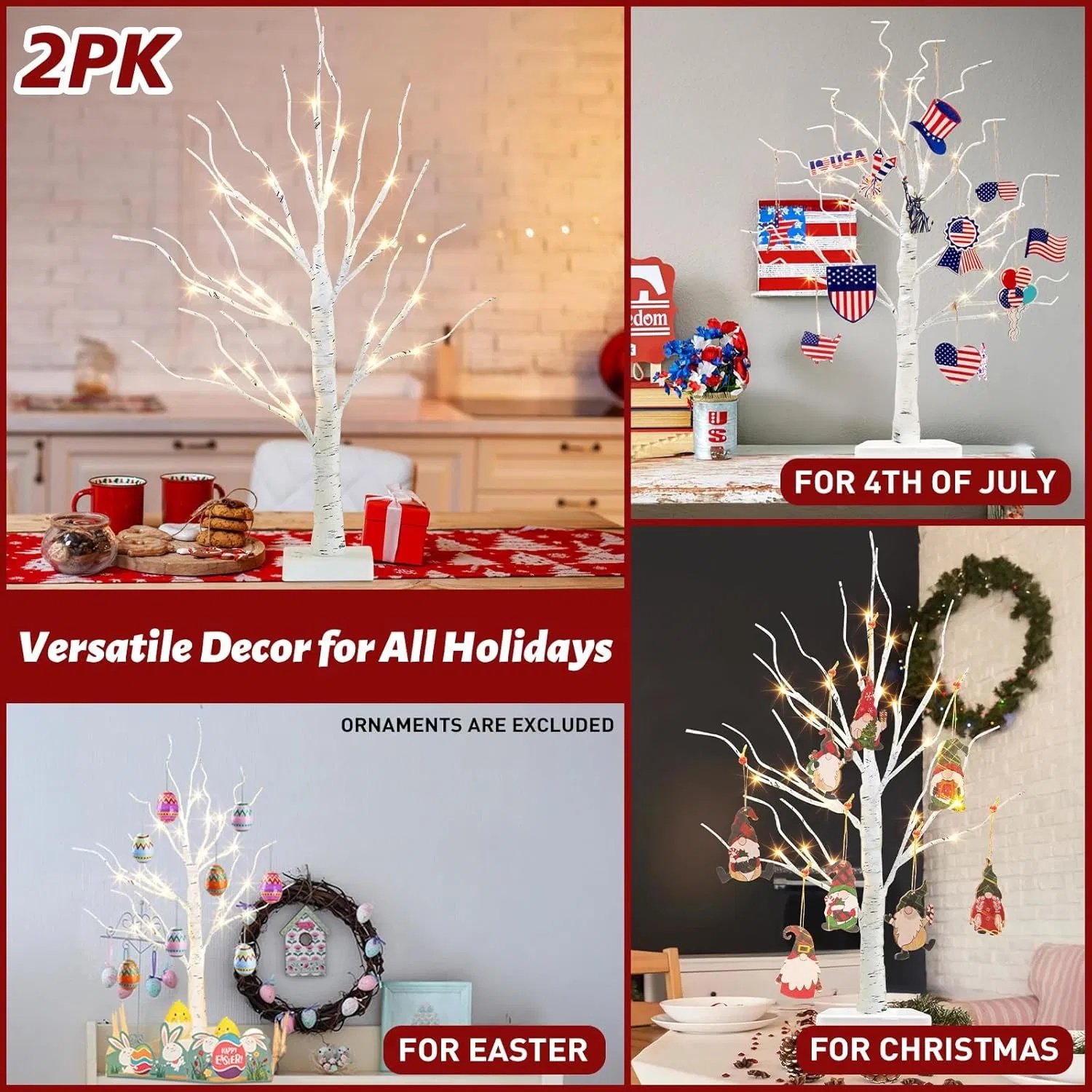 Christmas Decorations Indoor, 2 FT Birch Tree with LED Lights, Fairy Light Spirit Tree for Christmas Decor, Warm White Lighted Birch Trees for Home Decor Indoor, Battery Powered, Timer (2PK) - Image 5