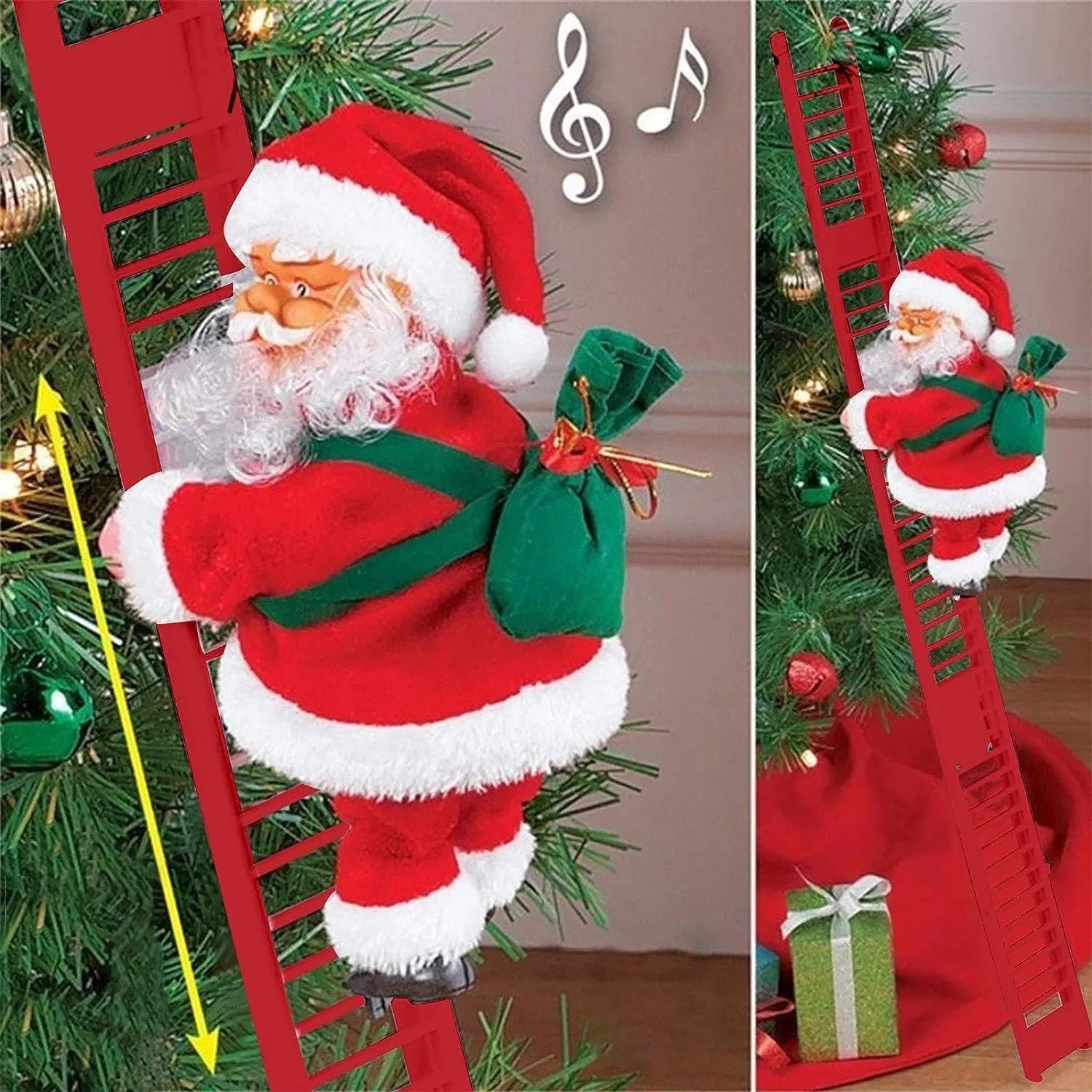 Christmas Electric Climbing Santa with Music & LED Light, Electric Climbing Ladder Santa Claus Doll for Xmas Tree Decorations Hanging Christmas Ornaments Tree Decor Holiday Party Gift Christmas