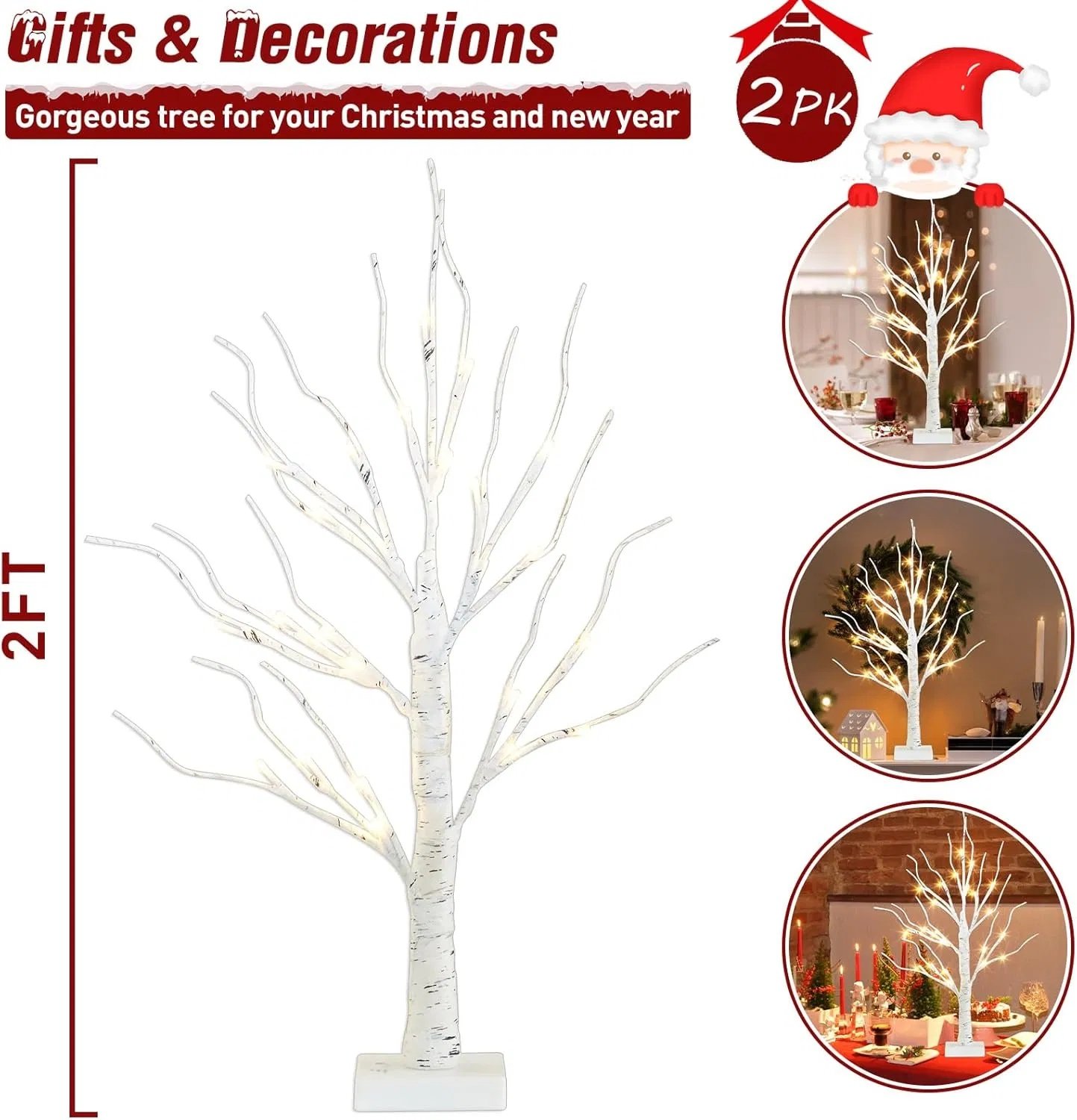 Christmas Decorations Indoor, 2 FT Birch Tree with LED Lights, Fairy Light Spirit Tree for Christmas Decor, Warm White Lighted Birch Trees for Home Decor Indoor, Battery Powered, Timer (2PK) - Image 8
